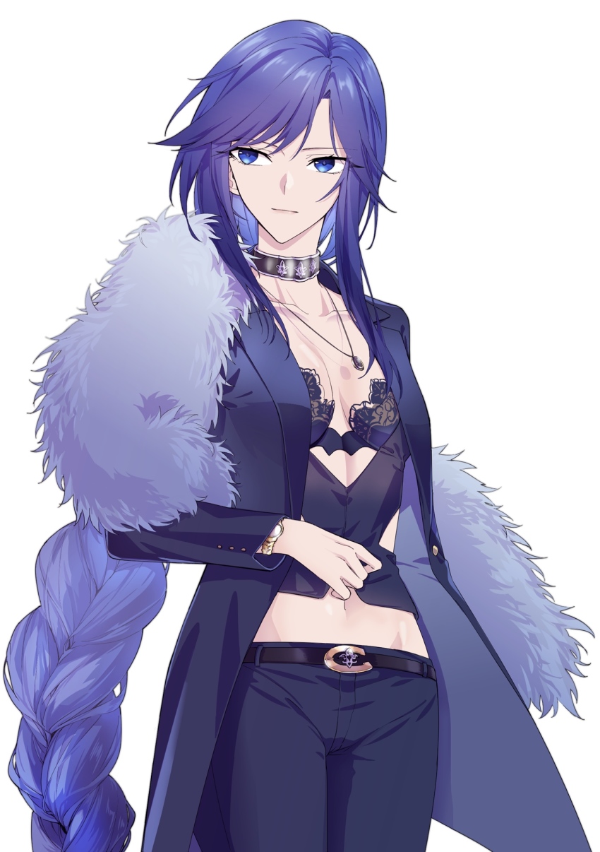1girl absurdly_long_hair azur_lane belt belt_buckle biloxi_(azur_lane) biloxi_(empress_in_the_silk_seat)_(azur_lane) black_suit blue_eyes blue_hair bra bra_peek braid braided_ponytail breasts buckle choker cowboy_shot formal_clothes highres jacket jewelry lace lace_bra long_hair necklace no_shirt parted_bangs small_breasts solo standing suit suit_jacket suprii underwear very_long_hair watch white_background wristwatch