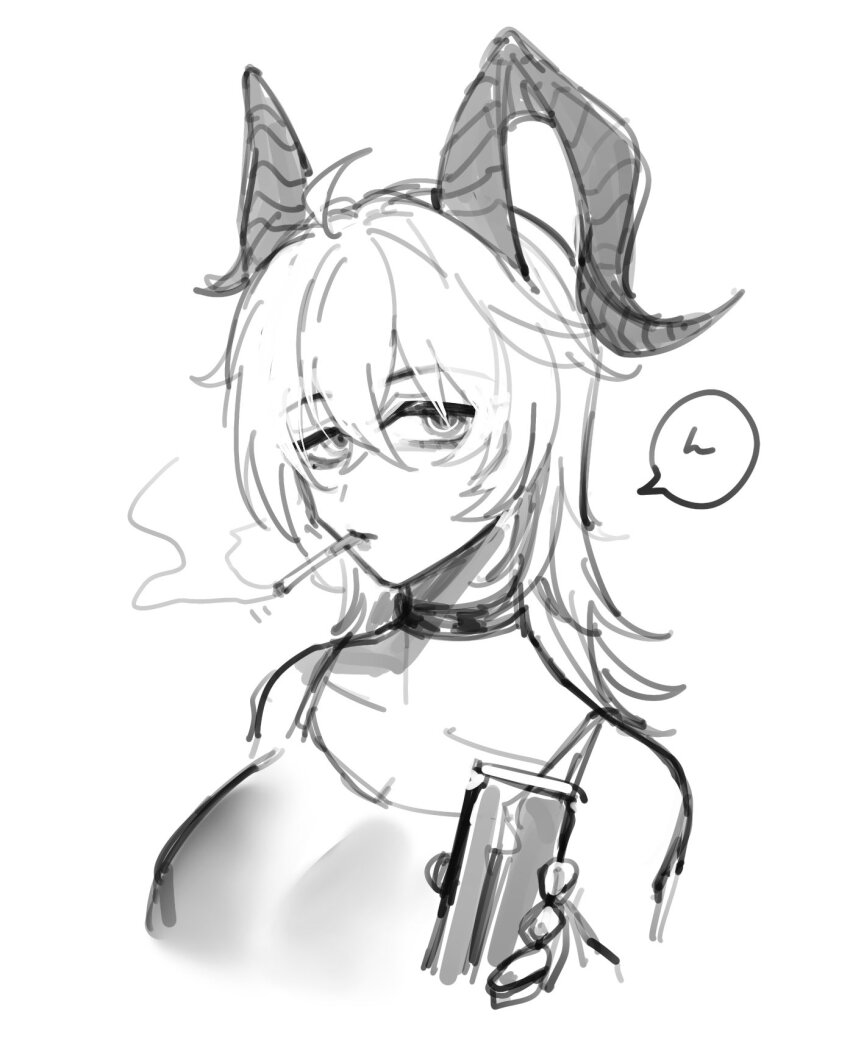 1girl bags_under_eyes bare_shoulders boke_aho_nara breasts can choker cigarette collarbone commentary_request cropped_torso curled_horns drink_can greyscale hair_between_eyes highres holding holding_can horns large_breasts long_hair looking_at_viewer mole mole_under_eye monochrome sketch smoking solo wuthering_waves zani_(wuthering_waves)