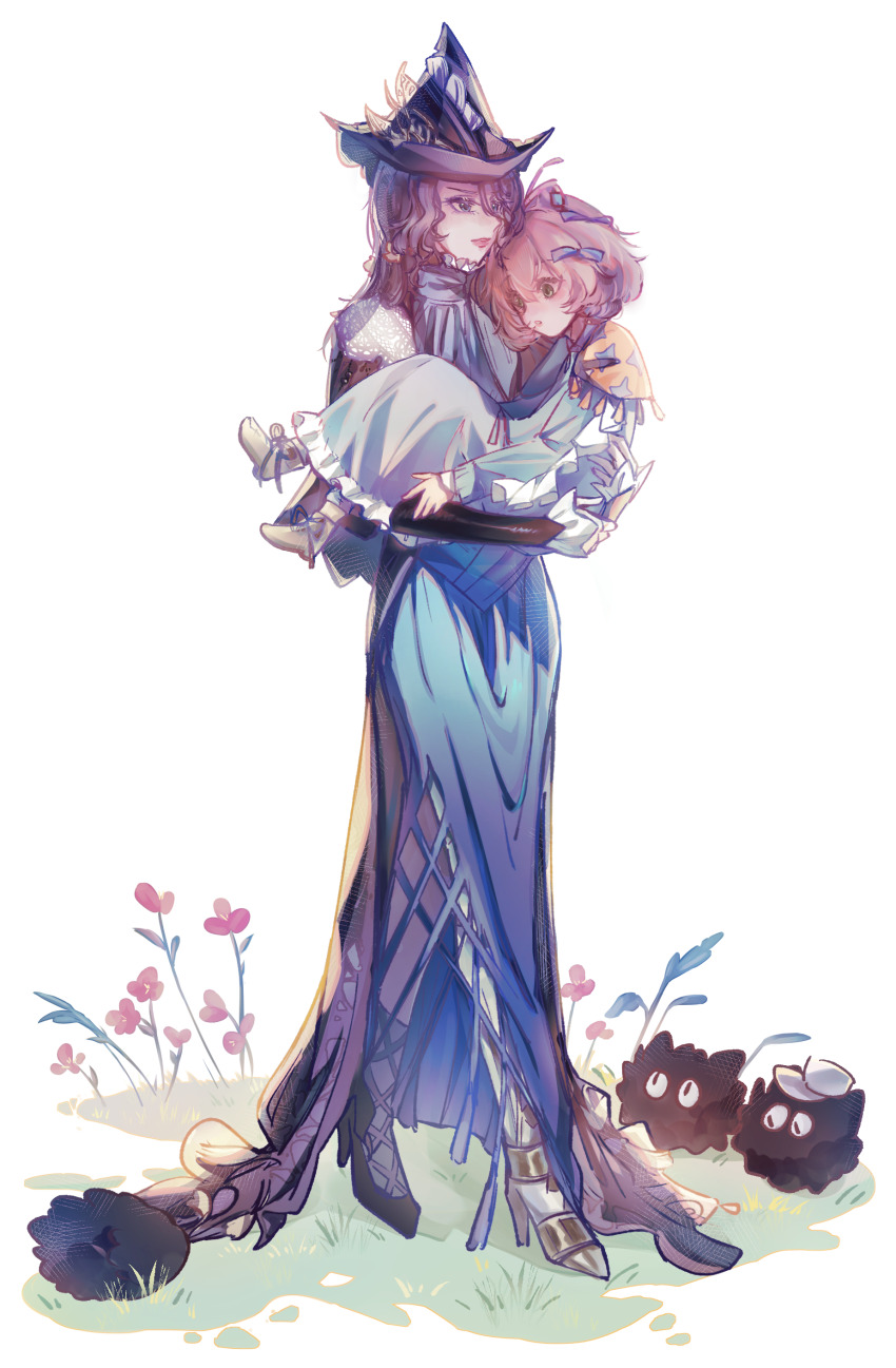 2girls :o absurdres black_cape black_hair black_hat black_shoes black_sleeves blue_bow blue_dress blue_eyes blue_scarf boots bow brown_boots brown_hair cape carbuncle_(reverse:1999) carrying carrying_person creature dress flower flutterpage full_body grass hair_between_eyes hair_bow hat hat_ornament high_heels highres leaf_hat_ornament long_dress long_hair long_sleeves multiple_girls multiple_hair_bows orange_scarf parted_lips princess_carry prosthesis prosthetic_leg purple_bow red_flower reverse:1999 scarf shoes short_hair side_slit socks two-tone_scarf walking white_background white_socks willow_(reverse:1999) witch_hat yi_zui_hua_yue