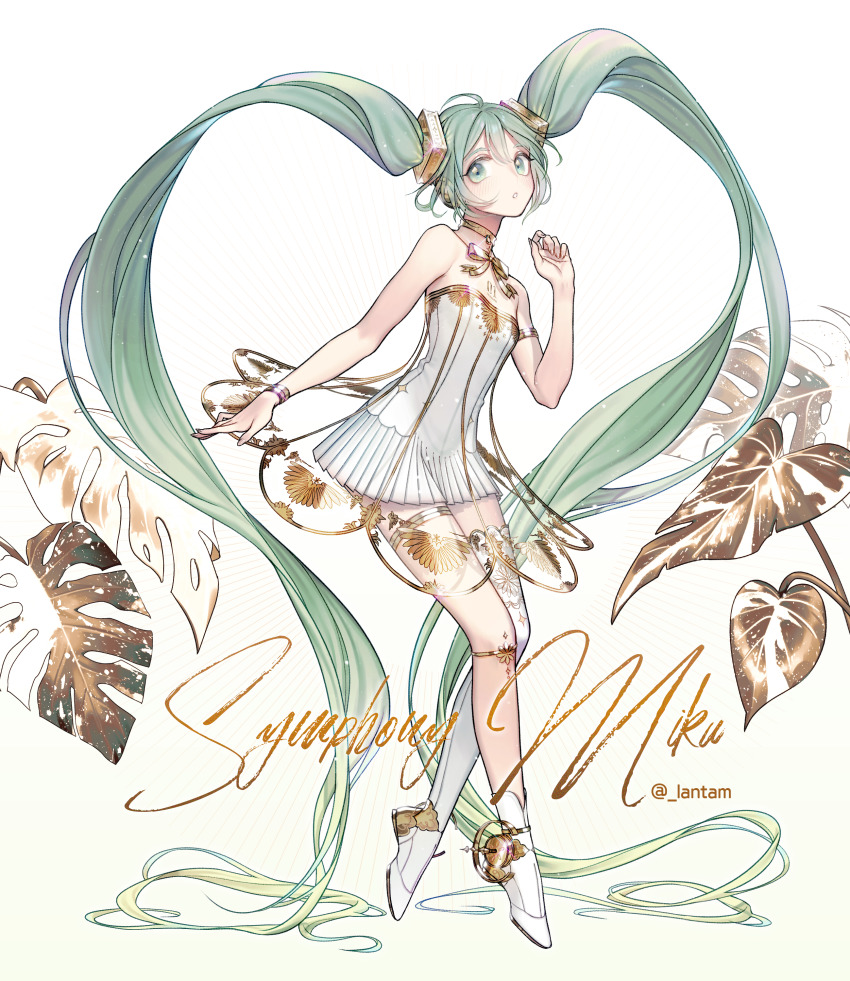 1girl absurdly_long_hair absurdres aqua_hair artist_name bare_shoulders bow choker dress full_body gold_trim gramophone_miku green_eyes hair_ornament hatsune_miku highres lantam long_hair looking_at_viewer miku_symphony_(vocaloid) simple_background single_thighhigh solo thigh_strap thighhighs twintails very_long_hair vocaloid white_background white_dress white_footwear white_thighhighs yellow_choker