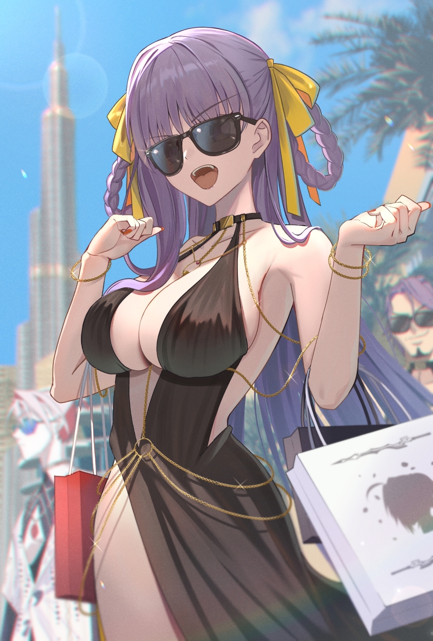 1girl 2boys absurdres bag bare_shoulders bb_dubai_(fate) black_dress braid braided_hair_rings breasts burj_khalifa center_opening chain cleavage dress duryodhana_(fate) fate/grand_order fate_(series) gold_chain hair_ribbon hair_rings highres jewelry karna_(fate) karna_(summer_outfit)_(fate) large_breasts long_hair looking_at_viewer mishiro_(ixtlolton) multiple_boys nail_polish necklace open_mouth purple_eyes purple_hair ribbon shopping_bag smile solo_focus sunglasses very_long_hair yellow_ribbon