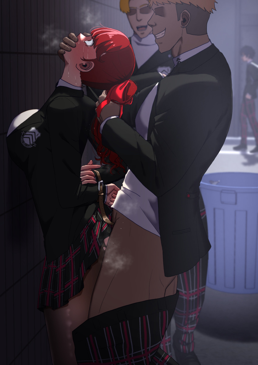 1girl 3boys against_wall alley amamiya_ren arms_behind_back bdsm blush bondage bound bound_wrists breast_press breasts covering_another&#039;s_mouth crying drooling faceless faceless_male gagged grabbing_another&#039;s_hair hair_ribbon hand_gagged hand_over_another&#039;s_mouth heavy_breathing hetero holding_another&#039;s_hair large_breasts long_hair multiple_boys pantyhose persona persona_5 persona_5_the_royal ponytail rape red_eyes red_hair ribbon saliva school_uniform sex tears torn_clothes wide-eyed yoshizawa_kasumi zetsu_red