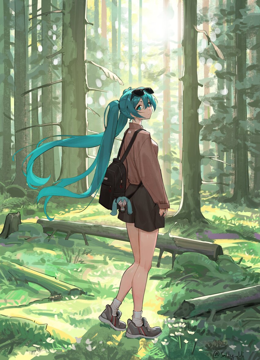 1girl absurdres aqua_eyes aqua_hair backpack bag bag_charm black_shorts breasts brown_sweater character_charm character_doll charm_(object) closed_mouth day eyewear_on_head floating_hair flower forest grass grey_shoes hachune_miku hair_between_eyes hatsune_miku highres log long_hair long_sleeves looking_at_viewer nature outdoors shoes shorts small_breasts smile sneakers socks solo standing sunglasses sweater tree twintails twitter_username very_long_hair violet_sears vocaloid white_flower white_socks