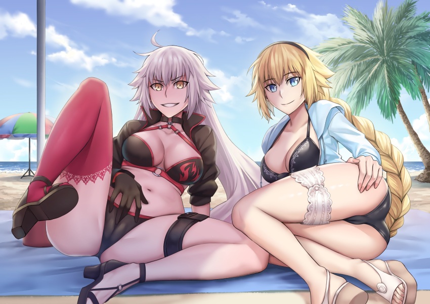 2girls ahoge ass beach bikini black_bikini black_gloves black_jacket blonde_hair blue_eyes blue_jacket braid braided_ponytail breasts cameltoe choker cleavage collarbone commentary_request cropped_jacket fate/grand_order fate_(series) gloves grey_hair grin hairband highres hood hooded_jacket jacket jeanne_d&#039;arc_(fate) jeanne_d&#039;arc_(swimsuit_archer)_(fate) jeanne_d&#039;arc_(swimsuit_archer)_(first_ascension)_(fate) jeanne_d&#039;arc_alter_(fate) jeanne_d&#039;arc_alter_(swimsuit_berserker)_(fate) large_breasts long_hair long_sleeves looking_at_viewer lying multiple_girls navel o-ring o-ring_bikini red_thighhighs revision sakuya_(liao_kj) shrug_(clothing) single_thighhigh smile spread_legs swimsuit thigh_strap thighhighs very_long_hair yellow_eyes