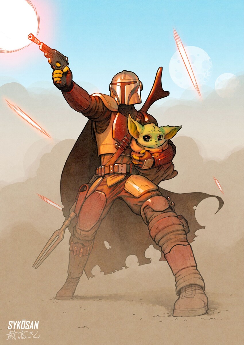 2boys alien armor artist_name belt blue_sky boots breastplate cape colored_skin day din_djarin dust green_skin grogu gun helmet highres holding holding_gun holding_weapon laser mandalorian mandalorian_armor mandalorian_helmet multiple_boys outdoors pointy_ears sky star_wars sykosan the_mandalorian torn_cape torn_clothes weapon
