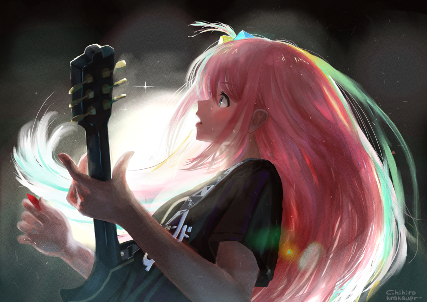 1girl absurdres black_shirt blue_eyes bocchi_the_rock! chihirokrakauer commentary_request cube_hair_ornament from_side gotoh_hitori guitar hair_ornament highres holding holding_guitar holding_instrument holding_plectrum instrument long_hair music open_mouth pink_hair playing_guitar playing_instrument plectrum print_shirt profile shirt signature solo sweat t-shirt
