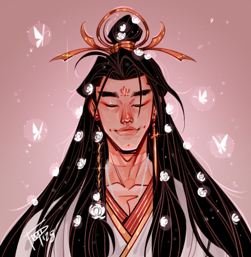 1boy black_hair braid bug butterfly chinese_clothes closed_eyes commentary cursed_shackle dimple earrings eyeliner flower fmd glowing glowing_butterfly glowing_flower hair_bun hair_flower hair_ornament hair_ribbon hanfu highres huadian insect jewelry layered_clothes long_hair makeup male_focus mismatched_earrings necklace parted_bangs pink_background portrait red_eyeliner ribbon scar scar_on_neck side_braid signature silver_necklace single_hair_bun smile solo sword_earrings symbol-only_commentary tianguan_cifu white_butterfly white_flower white_hanfu xie_lian
