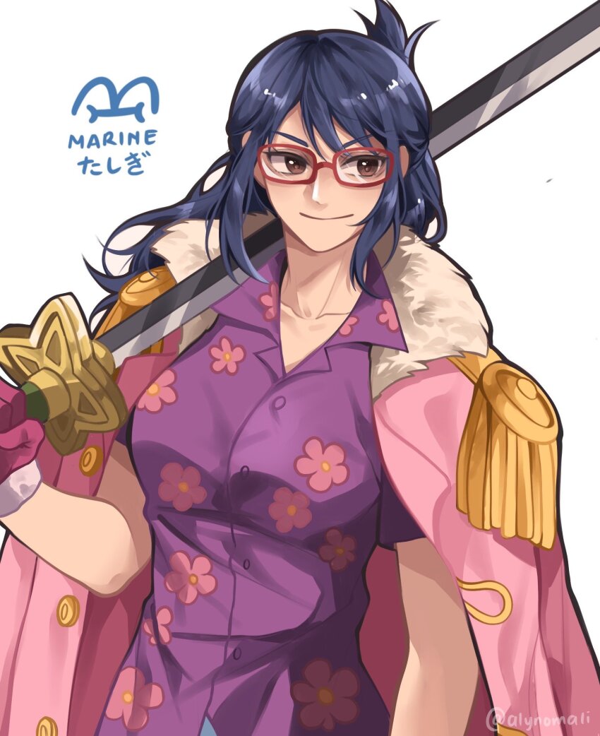 1girl alynomali black_hair floating_hair floral_print floral_print_shirt glasses highres holding holding_sword holding_weapon jacket jacket_on_shoulders one_piece open_clothes open_jacket pink_jacket purple_shirt shirt smile solo sword tashigi weapon