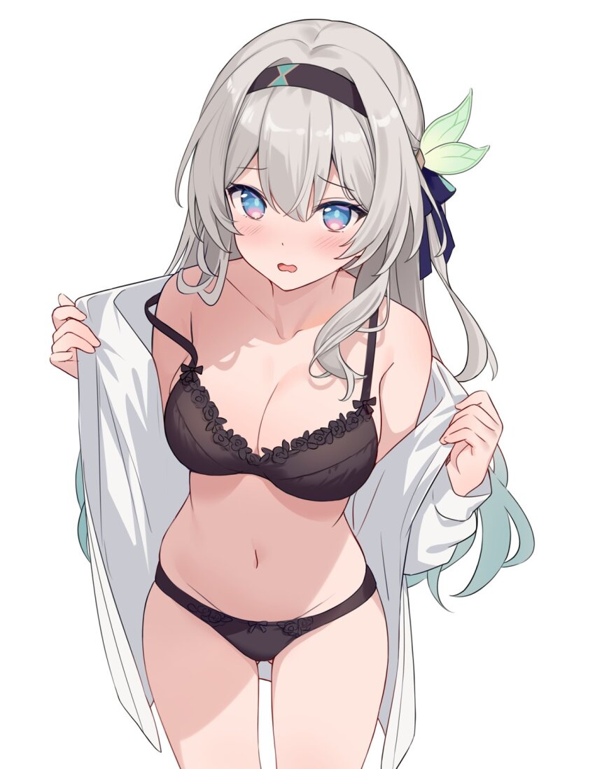 1girl bare_shoulders black_bow black_bra black_hairband black_panties black_ribbon blue_eyes blue_pupils blush bow bra breasts collarbone commentary cowboy_shot firefly_(honkai:_star_rail) gluteal_fold gradient_hair green_hair groin hair_bow hair_ribbon hairband highres hitsukuya honkai:_star_rail honkai_(series) long_hair looking_at_viewer medium_breasts multicolored_hair open_clothes open_mouth open_shirt panties ribbon shirt simple_background solo strap_slip symbol-only_commentary underwear undressing white_background white_hair white_shirt