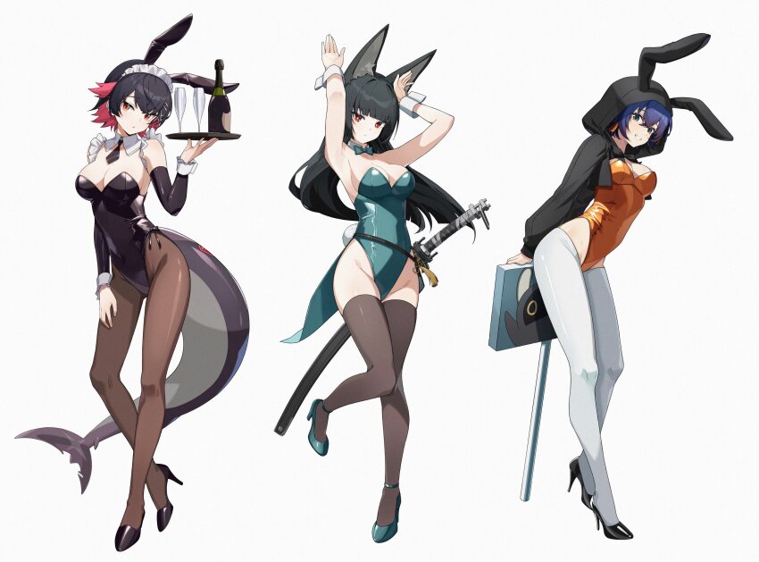3girls absurdres alternate_costume animal_ears animal_hood bare_shoulders belle_(zenless_zone_zero) black_hair black_leotard black_neckerchief black_pantyhose black_shoes black_thighhighs blue_hair bottle bow bowtie breasts cleavage collar commentary_request cup detached_collar ellen_joe fins fish_tail fox_ears fox_tail full_body green_bow green_bowtie green_leotard green_shoes high_heels highres holding holding_plate hood hoshimi_miyabi katana large_breasts leotard long_hair medium_breasts multicolored_hair multiple_girls neckerchief orange_leotard pantyhose plate playboy_bunny rabbit_hood rabbit_pose red_eyes red_hair shark_girl shark_tail shoes short_hair sign simple_background sinigo01 smile sword tail thighhighs thighs two-tone_hair weapon white_collar white_thighhighs wine_bottle wrist_cuffs zenless_zone_zero