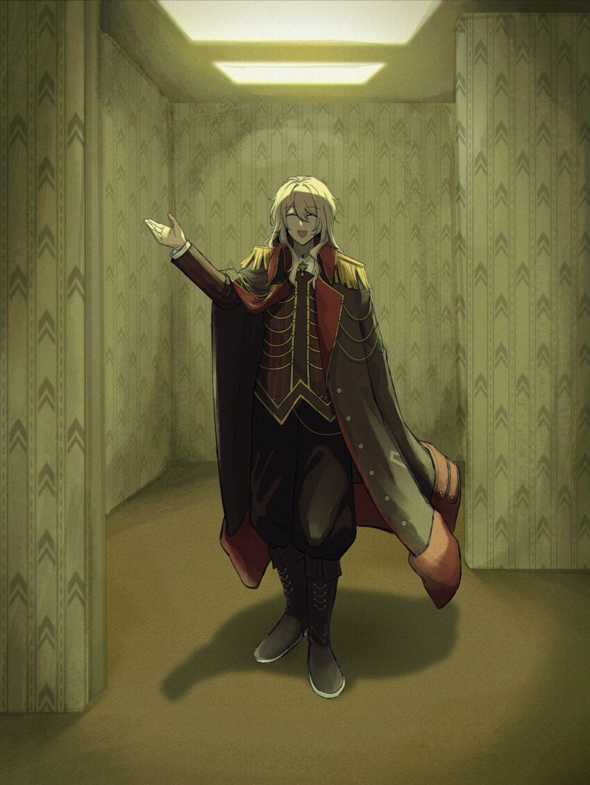 1boy absurdres backrooms_(creepypasta) black_boots black_coat black_pants black_vest boots ceiling_light closed_eyes coat coat_on_shoulders commentary english_commentary epaulettes full_body gold_trim hallway hand_up highres indoors jewelry kaname_ruri la_manchaland&#039;s_don_quixote_(project_moon) lapels limbus_company liminal_space long_hair long_sleeves male_focus necklace notched_lapels open_mouth pants project_moon shadow shirt smile solo standing vest wallpaper_(object) white_hair white_shirt zalgo_commentary