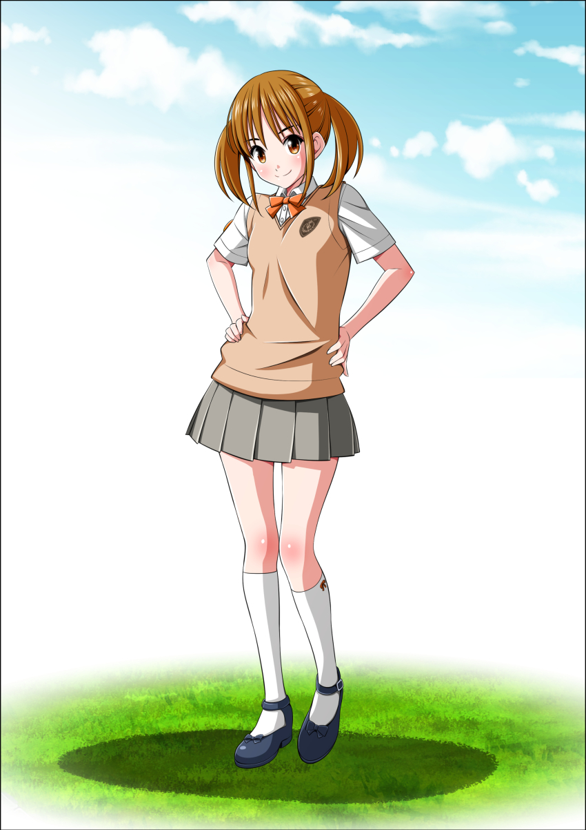 1girl absurdres blush body_blush bow breasts brown_eyes brown_hair brown_sweater_vest buttons choppy_bangs closed_mouth collared_shirt crest full_body grass grey_skirt hair_behind_ear hands_on_own_hips highres kneehighs koeda0111 looking_at_viewer mary_janes medium_hair miniskirt original pleated_skirt school_uniform shirt shoes short_sleeves sidelocks skirt sky slim_legs small_breasts smile socks solo standing straight-on sweater_vest t-shirt tendou_erika twintails white_shirt white_socks yotsuba_no_senki_clover_rose