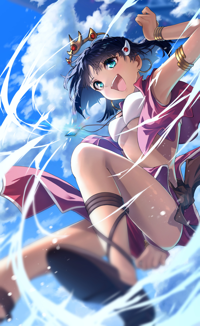 1girl :d absurdres armlet bad_id bad_pixiv_id bandeau bare_legs black_hair blue_eyes blurry blurry_foreground blush bra bracelet breasts cloud dark-skinned_female dark_skin day floating_hair from_below fushigi_no_umi_no_nadia hair_ornament highres jewelry medium_breasts miniskirt nadia nadia_la_arwall open_mouth outdoors red_skirt rio_(illustrator-rio) shiny_skin short_hair skirt smile solo underboob underwear white_bandeau white_bra