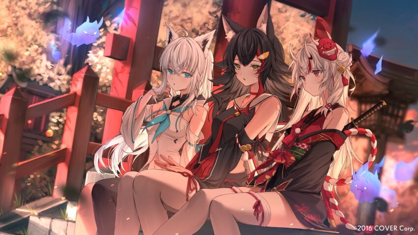 3girls adjusting_hair animal_ear_piercing animal_ears aqua_eyes bell black_hair black_thighhighs braid button_gap commentary_request company_name copyright_notice crop_top crop_top_overhang cropped_shirt detached_hood detached_sleeves double-parted_bangs dress fluff fox_ears fox_girl from_side furisode harui_(hr_x9_) hololive horns japanese_clothes jingle_bell karma_(nakiri_ayame) katana kimono kouhaku_nawa leg_ribbon light_blush long_hair loose_kimono mask mask_on_head midriff midriff_peek multiple_girls nakiri_ayame nakiri_ayame_(1st_costume) navel neckerchief necktie obi obijime off_shoulder official_art oni oni_mask ookami_mio ookami_mio_(1st_costume) outdoors parted_lips pom_pom_(clothes) red_eyes red_streaks ribbon rope sailor_collar sash shimenawa shirakami_fubuki shirakami_fubuki_(1st_costume) shiranui_(nakiri_ayame) shrine side_braid single_thighhigh sitting skin-covered_horns sleeveless sleeveless_dress sword sword_on_back tassel thigh_ribbon thighhighs virtual_youtuber weapon weapon_on_back white_hair white_thighhighs wide_sleeves wolf_ears wolf_girl yellow_eyes