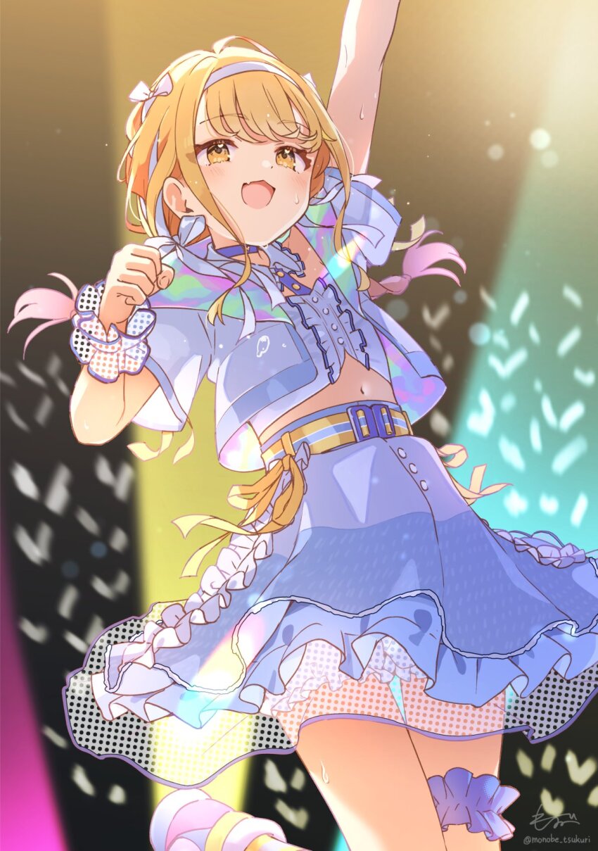 1girl arm_up blonde_hair blue_skirt blush braid center_frills commentary_request cropped_jacket cropped_shirt fang frills fujita_kotone gakuen_idolmaster glowstick hair_ribbon highres idolmaster long_hair looking_ahead midriff monobe_tsukuri navel ribbon ribbon_braid sekaiichi_kawaii_watashi_(idolmaster) short_sleeves signature skin_fang skirt solo standing standing_on_one_leg sweat twin_braids twitter_username white_ribbon yellow_eyes