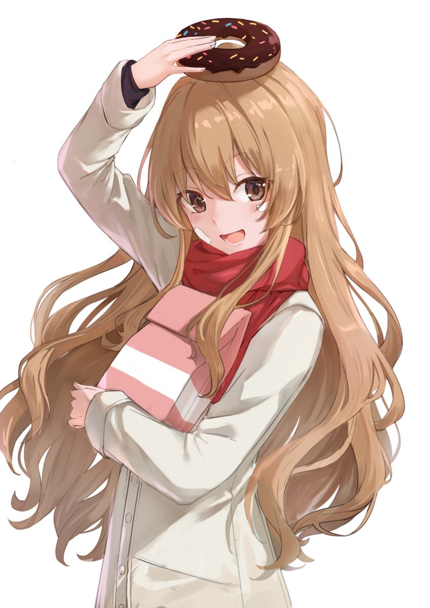 1girl aisaka_taiga bag brown_eyes brown_hair coat donut double-parted_bangs food gauze gauze_on_cheek hair_between_eyes highres holding holding_donut holding_food long_hair looking_at_viewer lower_teeth_only open_mouth paper_bag red_scarf scarf simple_background solo teeth toradora! touri_tarou_(misconception) upper_body white_background white_coat