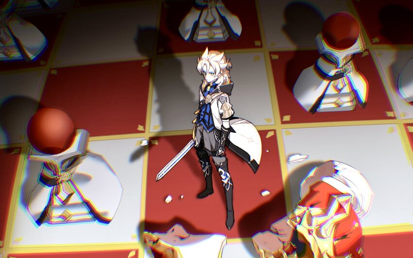 1boy albedo_(genshin_impact) black_boots black_gloves blonde_hair blue_eyes blue_shirt boots chess_piece chessboard coat full_body genshin_impact gloves grey_pants highres holding holding_sword holding_weapon looking_at_viewer medium_hair pants scor_lu shirt solo standing sword weapon white_coat
