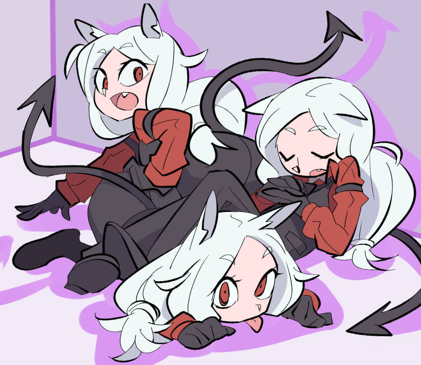 3girls boots cerberus_(helltaker) demon_girl formal_clothes helltaker highres hillnihil knee_boots long_hair looking_at_viewer multiple_girls pants red_background suit tail triplets white_hair