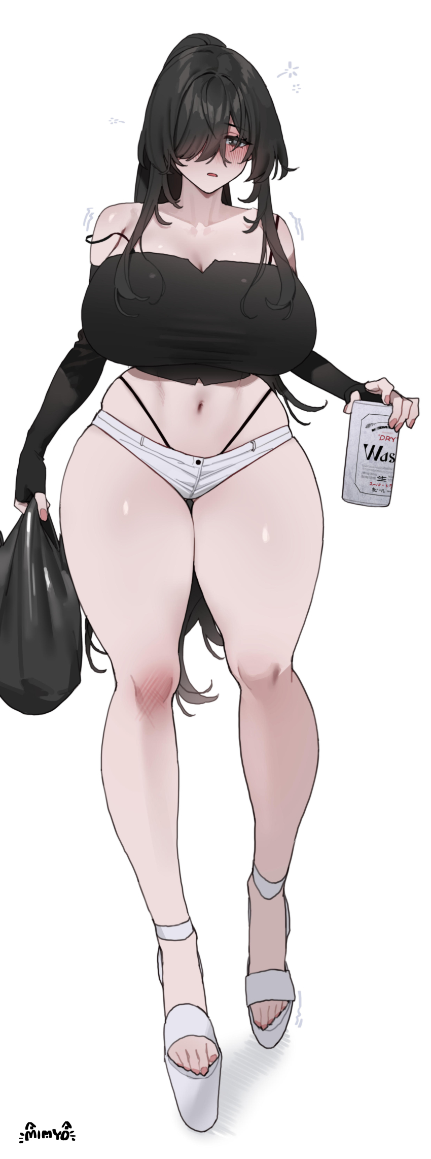 1girl absurdres alcohol bare_shoulders beer black_eyes black_hair black_shirt blush breasts commentary fingernails full_body hair_over_one_eye highres holding large_breasts long_hair looking_at_viewer mimyo navel off-shoulder_shirt off_shoulder original parted_lips ponytail shirt shoes short_shorts shorts sidelocks signature solo standing stomach white_shirt white_shoes