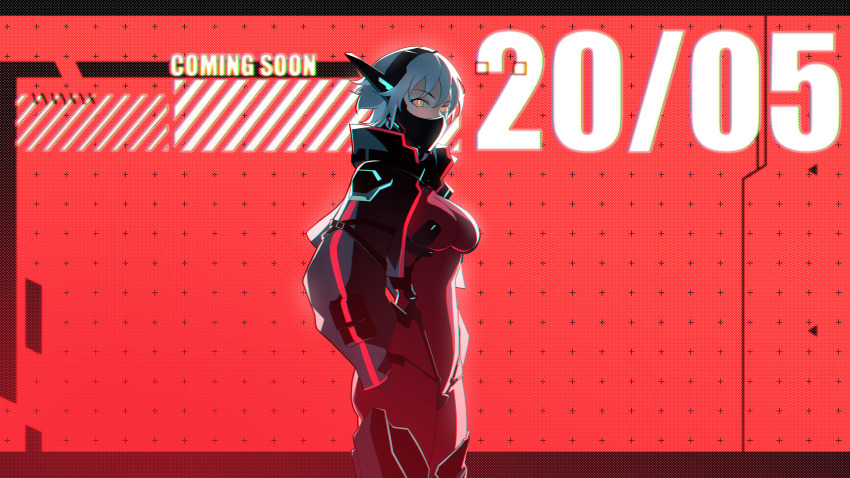 1girl absurdres black_jacket bodysuit breasts clenched_hand commentary cropped_jacket grey_hair highres horns jacket kuroi_enpitsu large_breasts looking_at_viewer mask mouth_mask open_clothes open_jacket power_symbol-shaped_pupils red_background red_bodysuit short_hair slit_pupils solo symbol-shaped_pupils virtual_youtuber vshojo yellow_eyes zentreya zentreya_(cyborg) zentreya_(cyborg)_(1st_costume)