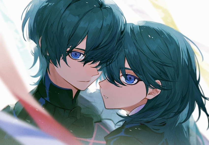 1boy 1girl armor black_armor black_cape blue_eyes female_byleth_(fire_emblem) male_byleth_(fire_emblem) cape closed_mouth commentary dual_persona eyelashes fire_emblem fire_emblem:_three_houses gorget green_hair hair_behind_ear hair_between_eyes hashtag-only_commentary itou_(very_ito) nintendo parted_bangs parted_hair parted_lips profile streamers upper_body white_background
