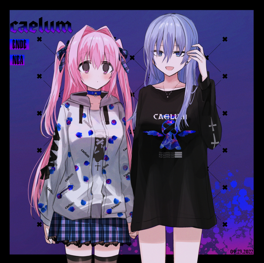 2girls :d black_border black_footwear blue_bow blue_eyes blue_hair blue_skirt blush border bow breasts brown_thighhighs character_name chihuri closed_mouth collarbone drawstring earrings ende_(chihuri) hair_between_eyes hair_bow hair_intakes highres jacket jewelry long_hair long_sleeves medium_breasts multiple_girls nea_(chihuri) open_clothes open_jacket open_mouth original pink_hair plaid_bow plaid_clothes plaid_skirt puffy_long_sleeves puffy_sleeves purple_eyes shirt skirt smile standing stud_earrings thighhighs two_side_up unmoving_pattern very_long_hair white_jacket white_shirt