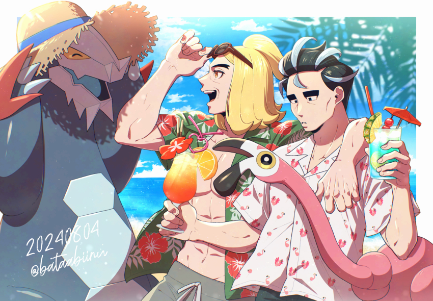 2boys abs adjusting_eyewear arm_on_another&#039;s_shoulder batabiru baxcalibur beach black_hair blonde_hair cloud cup dated drinking_straw eyewear_on_head flamigo flower green_shirt grey_hair hassel_(pokemon) hat hawaiian_shirt highres holding holding_cup larry_(pokemon) male_focus male_swimwear mature_male medium_hair multicolored_hair multiple_boys nintendo ocean open_clothes open_mouth open_shirt orange_eyes palm_tree parted_lips pectorals pokemon pokemon_(creature) pokemon_sv print_shirt shirt short_hair sky smile straw_hat streaked_hair swim_trunks thick_eyebrows tree twitter_username two-tone_hair white_shirt