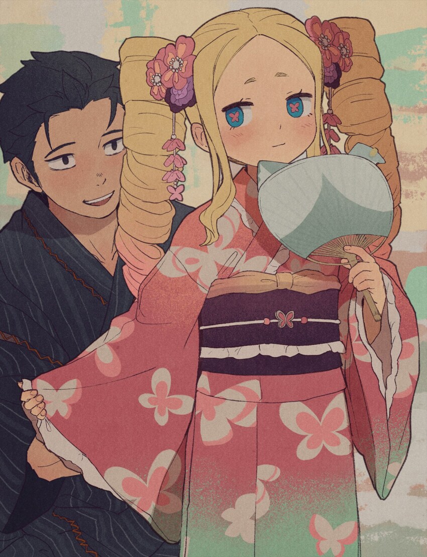 1boy 1girl beatrice_(re:zero) black_eyes black_hair blonde_hair blue_eyes blush butterfly-shaped_pupils closed_mouth commentary_request drill_hair duplicate eyelashes floral_print flower hair_flower hair_ornament hand_fan highres holding iwamushi japanese_clothes kimono long_hair long_sleeves natsuki_subaru open_mouth pink_flower pink_kimono re:zero_kara_hajimeru_isekai_seikatsu sash short_hair sidelocks smile symbol-shaped_pupils teeth tongue twin_drills twintails upper_teeth_only