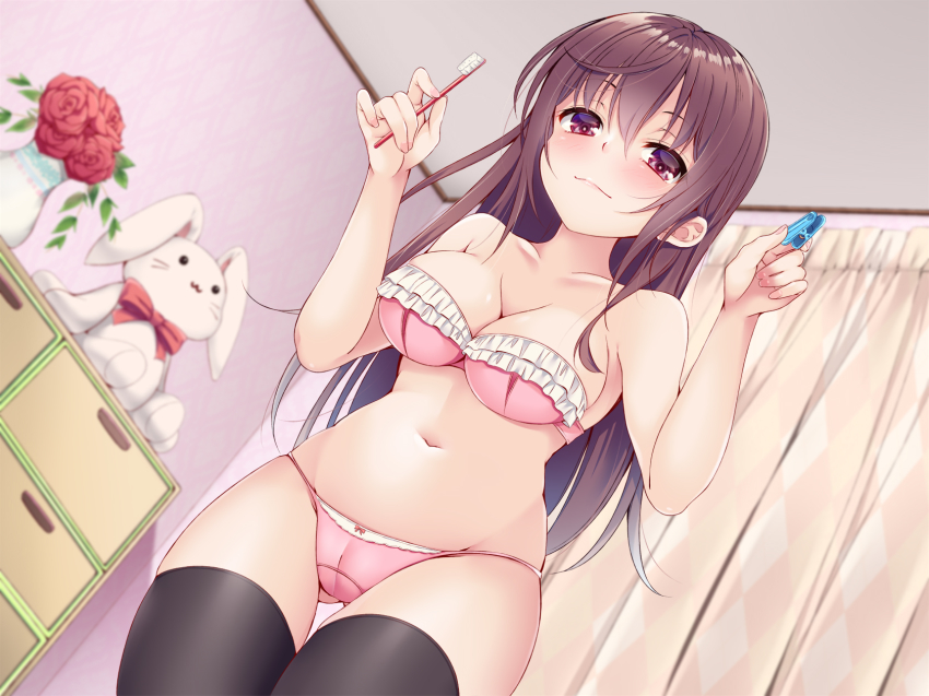 1girl bad_id bad_pixiv_id bare_arms bare_shoulders black_thighhighs blurry blurry_background blush bow bow_panties bra breasts brown_hair cameltoe cleavage closed_mouth collarbone commentary_request curtains depth_of_field dutch_angle female_focus flower hair_between_eyes highres holding ko_yu long_hair looking_at_viewer medium_breasts navel original panties pink_bra pink_panties purple_eyes red_flower red_rose rose smile solo strapless strapless_bra stuffed_animal stuffed_rabbit stuffed_toy thigh_gap thighhighs toothbrush underwear underwear_only vase very_long_hair