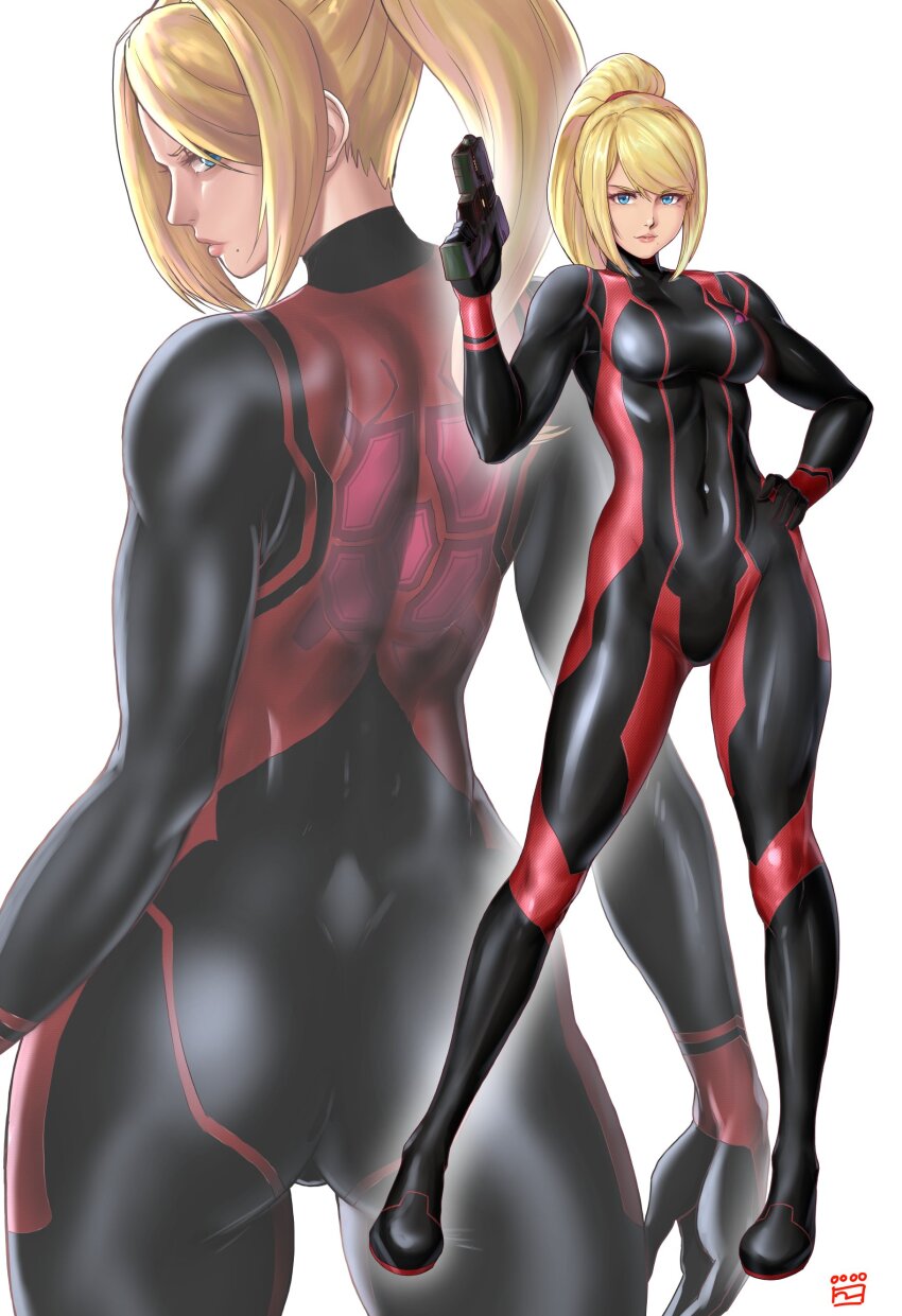absurdres ass ass_focus black_bodysuit blonde_hair blue_eyes bodysuit breasts closed_mouth covered_navel eyebrows_hidden_by_hair eyes_visible_through_hair finalcake full_body gun hair_elastic hand_on_own_hip high_ponytail highres holding holding_gun holding_weapon large_breasts lips long_hair looking_at_viewer metroid nintendo ponytail red_bodysuit samus_aran signature solo standing turtleneck turtleneck_bodysuit weapon