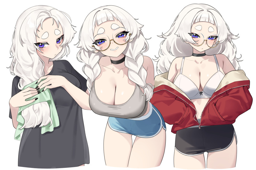 1girl arched_bangs black_choker black_shirt black_shorts blue_shorts blunt_bangs blush bra braid breasts camisole choker cleavage collarbone commentary crop_top cropped_legs drying drying_hair fingernails glasses grey_camisole hands_in_pockets highres holding holding_towel jacket jacket_partially_removed large_breasts leaning_forward long_hair looking_at_viewer meg_(wakamepiza) multiple_views nail_polish original purple_eyes red_jacket ribbon-trimmed_bra ribbon_trim round_eyewear shirt short_shorts shorts simple_background smile symbol-only_commentary t-shirt thick_eyebrows thigh_gap towel twin_braids underwear very_long_hair wakamepiza white_background white_bra white_hair