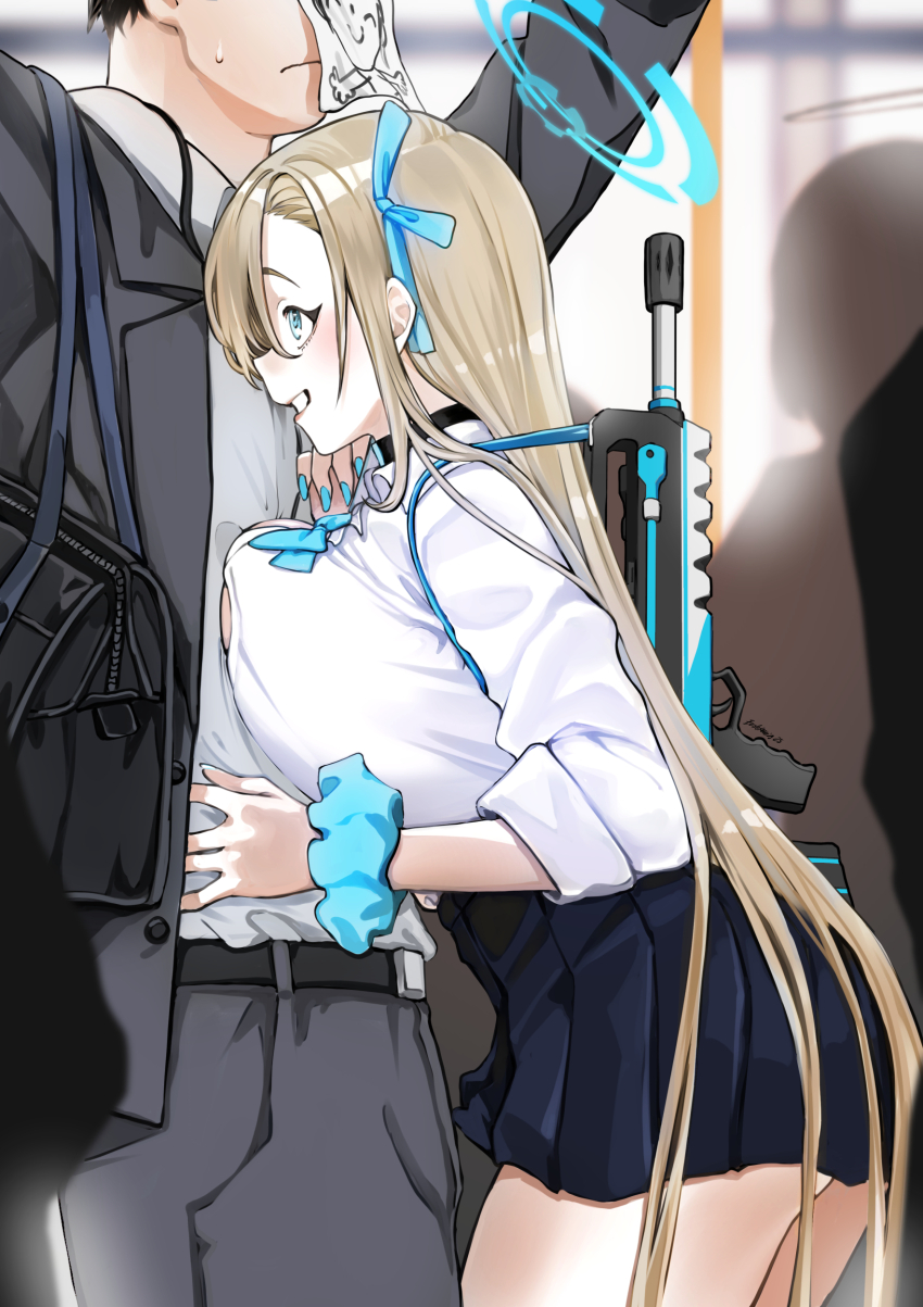 1boy 1girl absurdres assault_rifle asuna_(blue_archive) asuna_(school_uniform)_(blue_archive) bag black_hair blonde_hair blue_archive blue_bow blue_bowtie blue_eyes blue_halo blue_ribbon blue_scrunchie blue_skirt blush bow bowtie breasts bullpup bus_interior button_gap choker commentary doodle_sensei_(blue_archive) eudetenis famas grey_jacket grey_pants grin gun hair_over_one_eye hair_ribbon halo highres hug jacket large_breasts long_hair looking_at_another pants paper_on_head pleated_skirt ribbon rifle scrunchie sensei_(blue_archive) short_hair shoulder_bag skirt smile sweat thighs very_long_hair weapon wrist_scrunchie