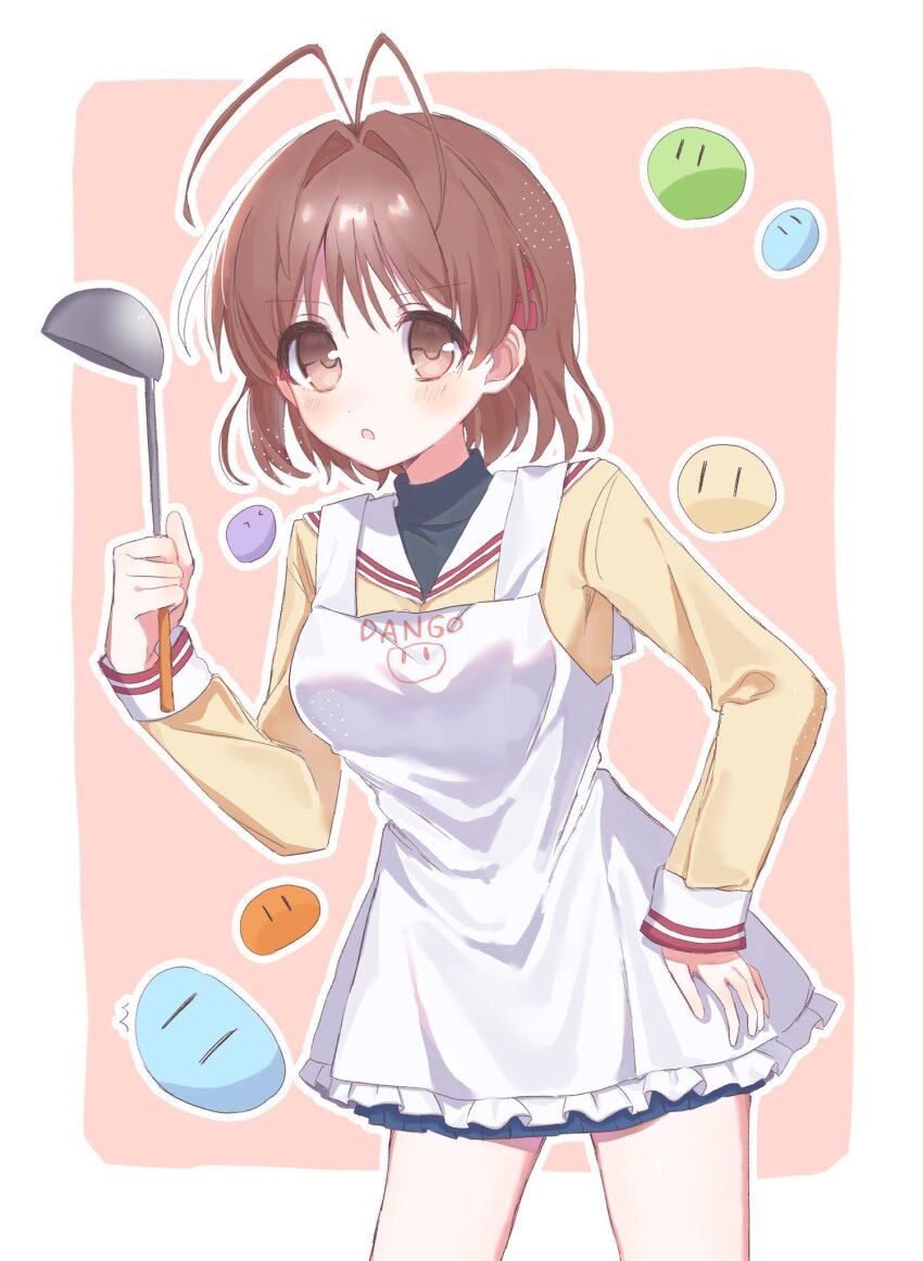 1girl antenna_hair apron blush border brown_eyes brown_hair clannad commentary cowboy_shot dango_daikazoku eshiko eyes_visible_through_hair furukawa_nagisa hair_between_eyes hair_intakes hair_ornament hairclip hand_on_own_hip hand_up highres hikarizaka_private_high_school_uniform holding holding_ladle jacket ladle long_sleeves looking_at_viewer medium_hair open_mouth outside_border pink_background sailor_collar school_uniform serafuku simple_background solo tareme v-shaped_eyebrows white_apron white_border white_sailor_collar yellow_jacket |_|