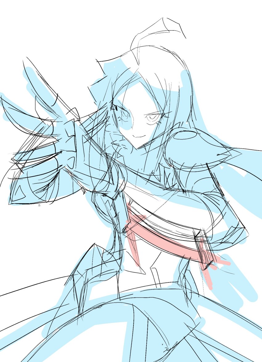 1girl armor armored_gloves armored_leotard breasts digimon digimon_(creature) female_focus fighting_stance fur_collar gloves highres hudiemon leotard long_hair medium_breasts ph6xeivbgpimggg shoulder_armor sketch smile solo solo_focus thick_thighs thighs