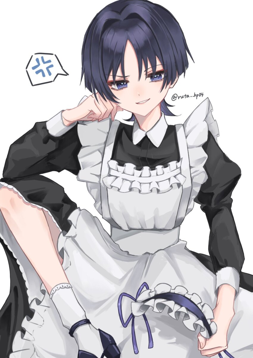 1boy alternate_costume anger_vein annoyed apron black_dress black_hair black_hairband black_shoes black_sleeves blunt_ends clenched_hand crossdressing crossdressing_(mtf) dress enmaided eyelashes eyeliner eyeshadow fingernails frilled_apron frilled_dress frilled_hairband frills furrowed_brow genshin_impact hair_intakes hairband hand_on_own_face highres holding_hairband knee_up lace-trimmed_socks long_sleeves looking_at_viewer maid maid_apron maid_day makeup male_focus male_maid parted_lips puffy_sleeves raised_eyebrow red_eyeliner red_eyeshadow ruta_hp04 scaramouche_(genshin_impact) shoes smile socks solo spoken_anger_vein tsurime twitter_username unworn_headwear white_apron white_background white_mouth white_socks