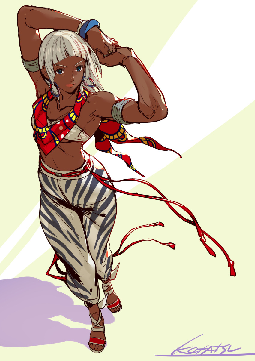 1girl absurdres animal_print arched_bangs armlet artist_name bandeau blue_eyes blunt_bangs bracelet breasts closed_mouth commentary dark-skinned_female dark_skin earrings elena_(street_fighter) highres jewelry kotatsu_(g-rough) pants sandals scarf short_hair solo street_fighter street_fighter_6 very_dark_skin white_hair zebra_print