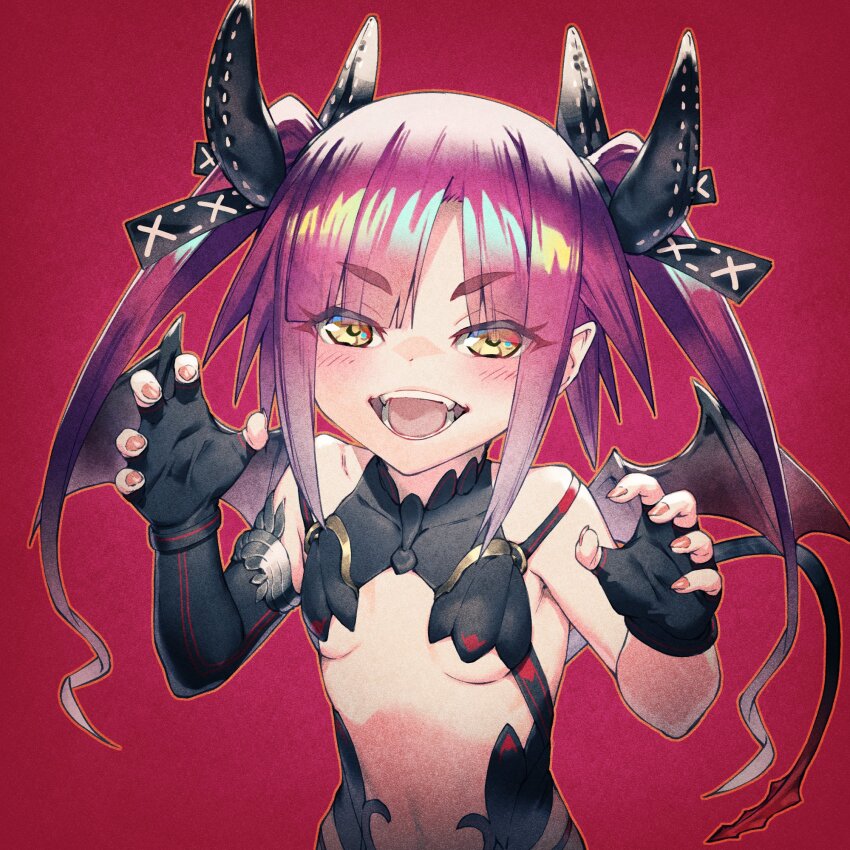 black_gloves black_ribbon blunt_bangs blush breasts chyko claw_pose clothing_cutout demon_girl demon_horns demon_wings elbow_gloves fingerless_gloves gloves hair_ribbon highres horns long_hair navel open_mouth original pointy_ears red_background red_hair ribbon single_elbow_glove small_breasts stomach_cutout twintails underboob upper_body v-shaped_eyebrows wings yellow_eyes