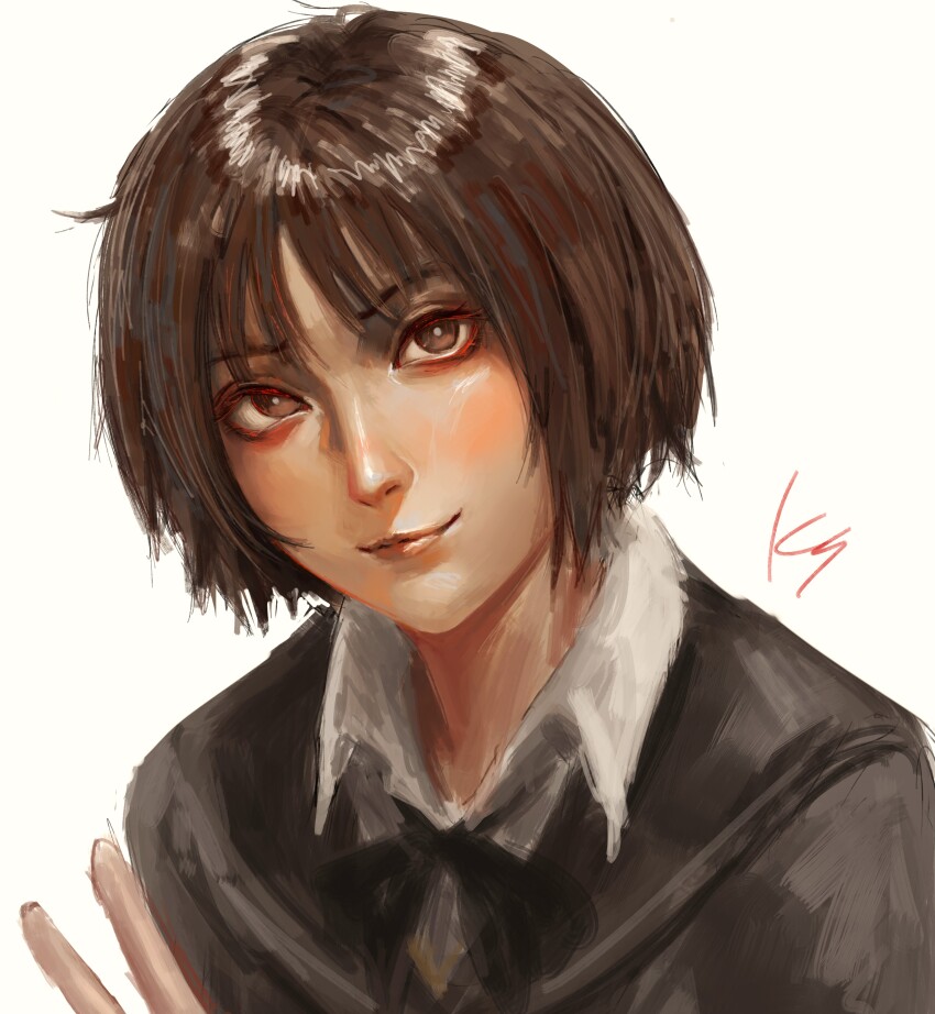 1girl absurdres amagami artist_name black_bow black_bowtie black_jacket black_sailor_collar blazer blush bob_cut bow bowtie bright_pupils brown_eyes brown_hair brown_sweater_vest close-up closed_mouth collared_shirt commentary dress_shirt english_commentary hand_up head_tilt highres hiki_katoh initial jacket kibito_high_school_uniform light_blush lips looking_at_viewer messy_hair nose portrait realistic sailor_collar school_uniform shirt short_hair signature simple_background smile solo sweater_vest tachibana_miya v white_background white_pupils white_shirt