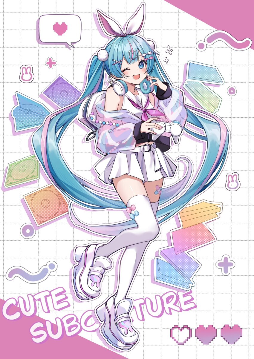 1girl ;d bandaid bandaid_on_leg bare_shoulders blue_eyes blue_hair blush commentary controller detached_sleeves full_body game_controller grid_background hair_ornament hair_ribbon hatsune_miku headphones headphones_around_neck highres holding holding_controller holding_game_controller long_hair long_sleeves looking_at_viewer multicolored_hair neckerchief noneon319 one_eye_closed open_mouth outline pink_hair pink_neckerchief pleated_skirt pom_pom_(clothes) pom_pom_hair_ornament ribbon sailor_collar shirt shoes skirt sleeveless sleeveless_shirt smile solo standing streaked_hair symbol-only_commentary thighhighs twintails two-tone_hair very_long_hair vocaloid white_background white_outline white_ribbon white_sailor_collar white_shirt white_shoes white_skirt white_sleeves white_thighhighs x_hair_ornament