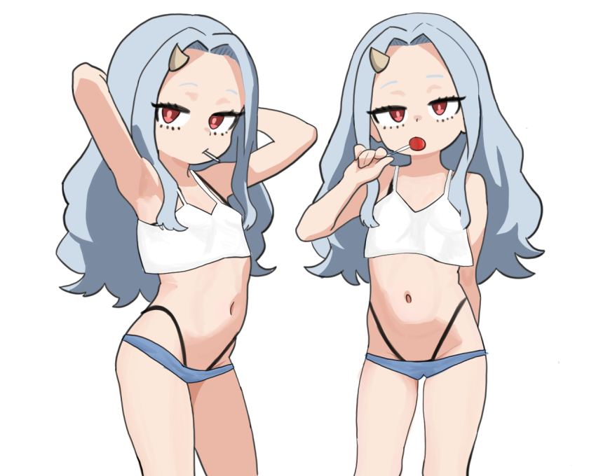 1girl armpits arms_behind_head boku_no_hero_academia bra candy eri_(boku_no_hero_academia) female_focus food grey_hair holding_candy holding_food holding_lollipop horns legs loli lollipop long_hair looking_at_viewer melrose midriff navel red_eyes short_shorts shorts simple_background single_horn solo standing stomach tank_top thighs thong underwear white_background