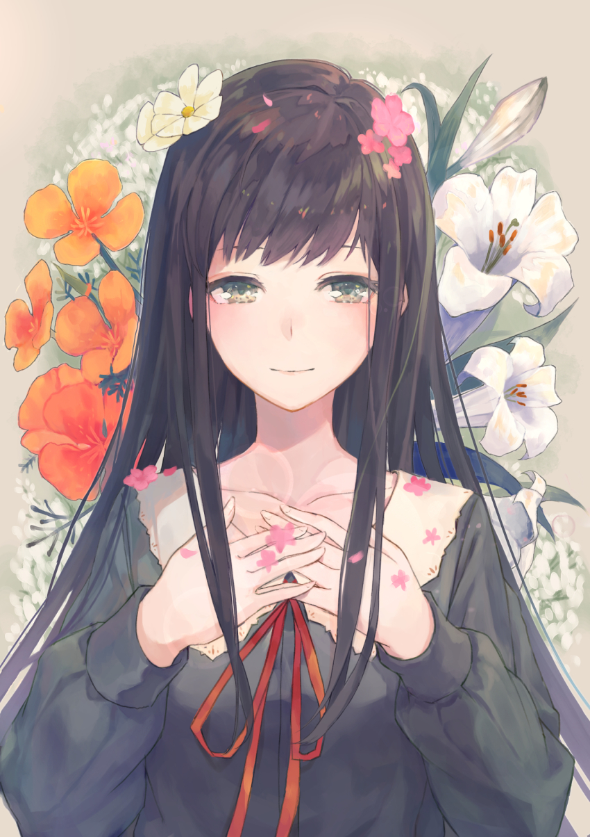 1girl black_hair black_shirt blouse closed_mouth commentary_request female_focus flower flower_request flowers_(innocent_grey) green_eyes highres kobutakurassyu lily_(flower) long_hair long_sleeves looking_at_viewer neck_ribbon red_ribbon ribbon school_uniform shirahane_suou shirt smile solo upper_body