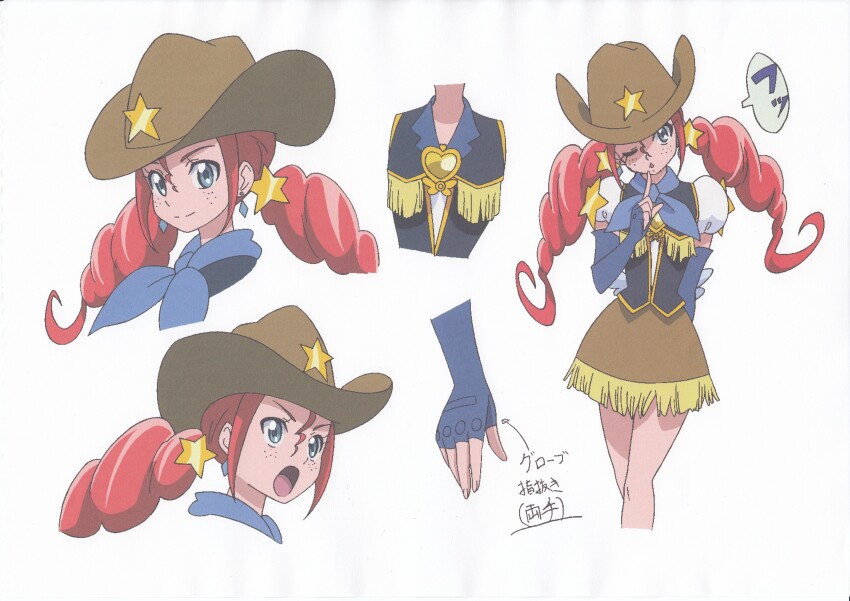 1girl absurdres artist_request blue_gloves brooch brown_skirt reference_sheet concept_art cowboy_hat cowgirl_(western) drill_hair earrings elbow_gloves eyelashes fingerless_gloves freckles gloves hair_ornament happinesscharge_precure! happy hat highres jewelry looking_at_viewer magical_girl miniskirt official_art one_eye_closed open_mouth precure puffy_short_sleeves puffy_sleeves red_haired_cure_(bomber_girls_precure)_(happinesscharge_precure!) short_sleeves simple_background skirt smile solo source_request speech_bubble standing star_(symbol) star_hair_ornament translation_request twintails vest white_background