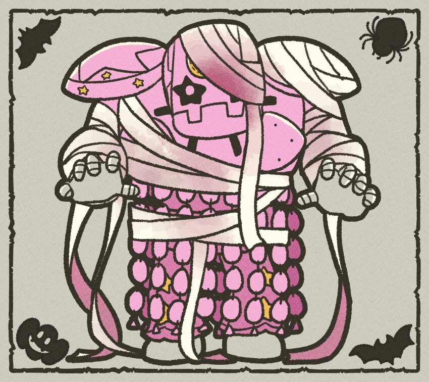 1other absurdres bandages bat_(animal) border bug chibi colored_skin commentary crescent english_commentary full_body gloves grey_background grey_gloves halloween halloween_costume highres jack-o&#039;-lantern jojo_no_kimyou_na_bouken m_a_a_m_8 mummy mummy_costume no_humans pink_skin shoulder_pads solid_oval_eyes solo spider stand_(jojo) standing star_(symbol) steel_ball_run tusk_(stand) tusk_act4