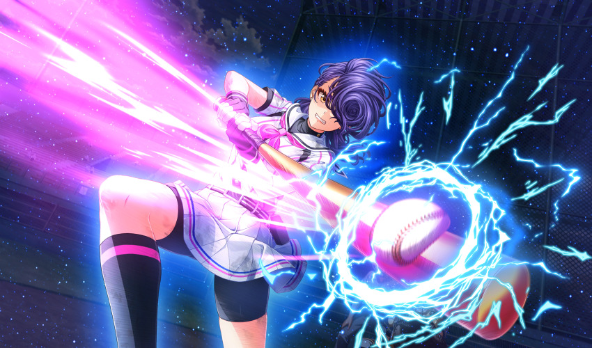 3girls aura ball baseball baseball_(object) baseball_bat baseball_stadium baseball_uniform belt belt_buckle belt_pouch bike_shorts_under_skirt black_belt black_gloves black_pouch black_shorts black_socks black_undershirt buckle chain-link_fence cinderella_series clenched_teeth ear_piercing fence fingerless_gloves game_cg gloves hachigatsu_no_cinderella_nine highres holding holding_baseball_bat izumida_kyouka long_hair looking_at_object low_twintails metal_baseball_bat motion_blur multiple_girls neckerchief non-web_source official_art orange_eyes outdoors piercing pink_neckerchief playing_sports pleated_skirt pompadour pouch purple_hair satogahama_baseball_uniform shirt shirt_under_shirt short_sleeves shorts skirt socks solo_focus sportswear striped_belt striped_clothes striped_shirt swinging teeth twintails vertical-striped_clothes vertical-striped_shirt wristband