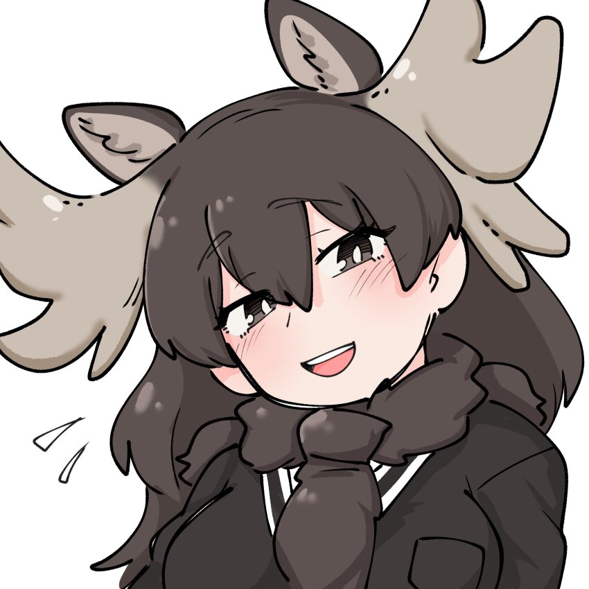 1girl animal_ears antlers blush brown_eyes brown_fur brown_hair brown_sweater extra_ears fur_collar hair_between_eyes head_tilt highres horns kemono_friends long_hair long_sleeves looking_at_viewer moose_(kemono_friends) moose_antlers moose_ears moose_girl niboshi_(niboshi_aruku) open_mouth sidelocks smile solo sweater