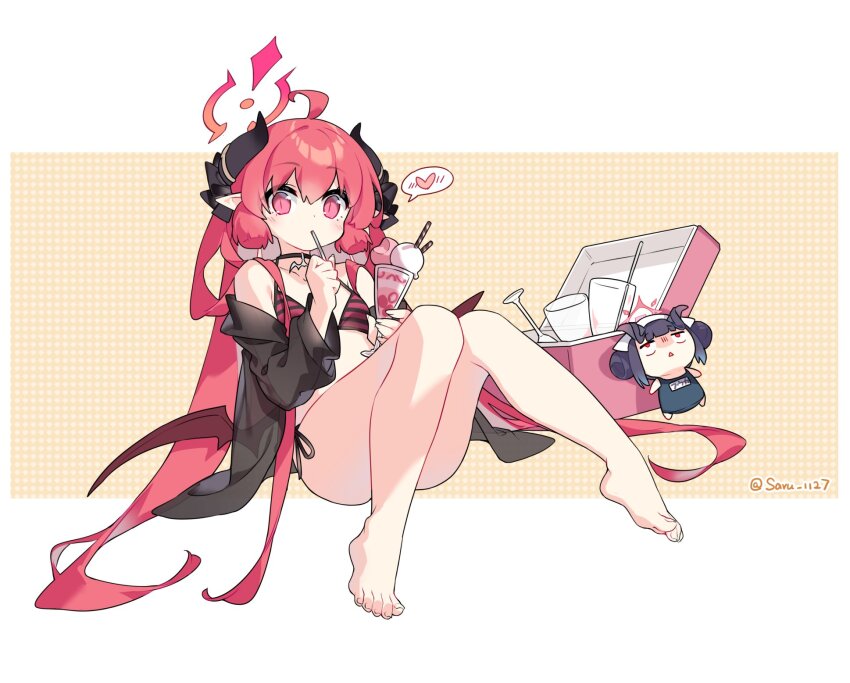 2girls ahoge alternate_costume artist_name barefoot bikini black_choker black_jacket blue_archive chibi chibi_inset choker commentary cup demon_girl demon_horns demon_wings double-parted_bangs fuuka_(blue_archive) hair_between_eyes halo heart highres holding holding_cup holding_spoon horns ice_cream_cup jacket junko_(blue_archive) long_hair looking_at_viewer multiple_girls pink_bikini pink_eyes pink_halo red_hair saru see-through_clothes see-through_jacket side-tie_bikini_bottom solo_focus speech_bubble spoken_heart spoon striped_bikini striped_clothes swimsuit toes twintails twitter_username utensil_in_mouth very_long_hair wings