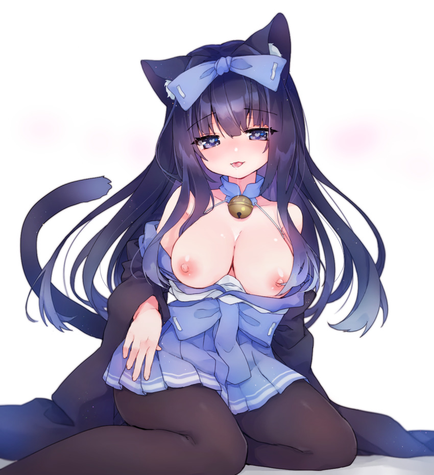 1girl animal_ear_fluff animal_ears arashio_(azur_lane) azur_lane bare_shoulders bell black_hair black_pantyhose blue_bow blue_skirt blush bow breasts brown_pantyhose cat_ears cat_girl cat_tail cleavage closed_mouth collarbone commentary_request dress female_focus floral_background floral_print grey_background hair_between_eyes hair_bow hakama hakama_short_skirt hakama_skirt head_tilt heart heart-shaped_pupils highres japanese_clothes jingle_bell large_breasts long_hair long_sleeves looking_at_viewer naughty_face nipples off_shoulder open_clothes open_dress pantyhose petals pleated_skirt purple_bow purple_eyes purple_hair saliva saliva_trail shadow shichijou_natori shirt sitting skirt solo symbol-shaped_pupils tail tongue tongue_out two-tone_background white_background white_shirt wide_sleeves