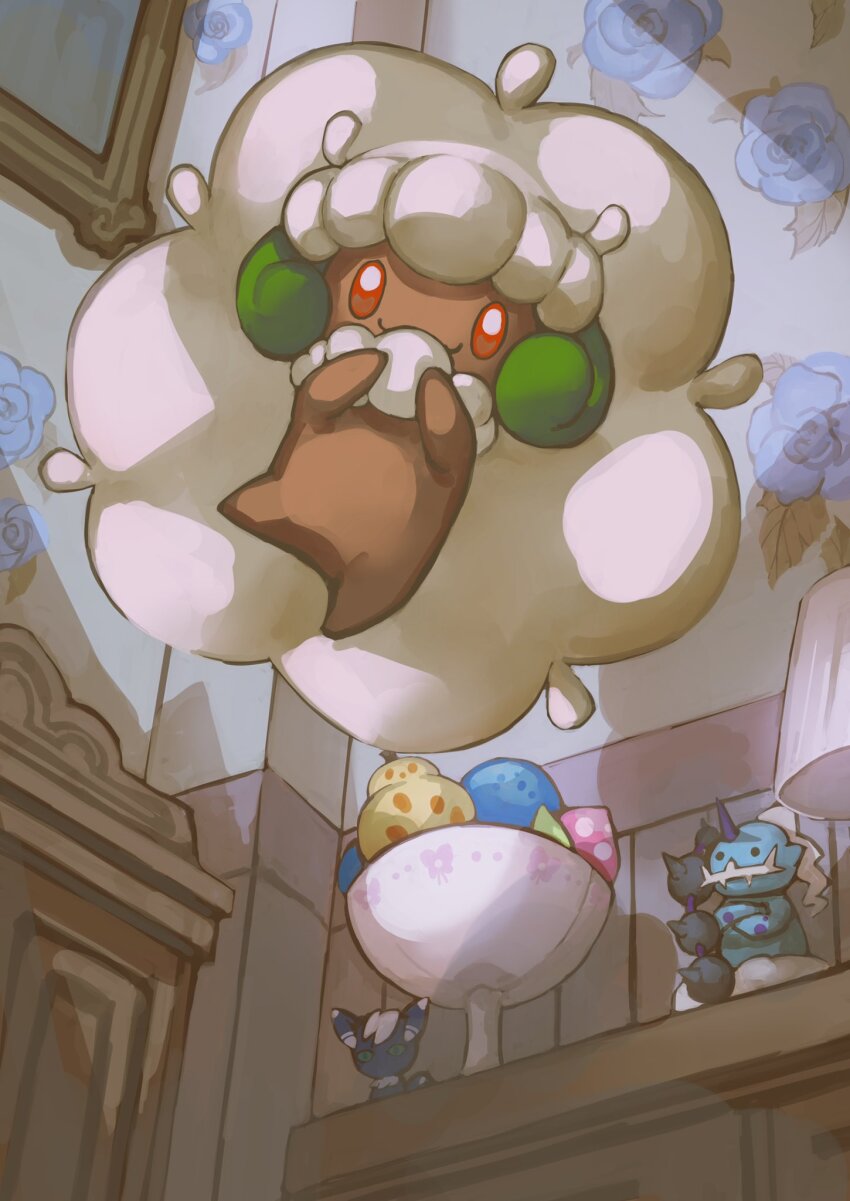 berry_(pokemon) blue_flower closed_mouth commentary_request curled_horns dark_skin floral_print flower gen_5_pokemon gen_6_pokemon highres horns legendary_pokemon meowstic meowstic_(male) midair nintendo no_humans oran_berry pecha_berry pokemon pokemon_(creature) ranmaruuuu00 red_eyes sitrus_berry smile tornadus tornadus_(incarnate) whimsicott