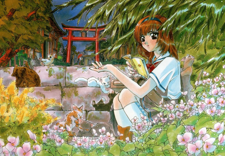 1990s_(style) 1girl animal animal_on_back architecture artbook baby_animal black_eyes black_hairband black_skirt book building cat cloud cloudy_sky east_asian_architecture flower foliage hairband hand_up high-waist_skirt highres holding holding_book ishida_atsuko kitten leaf light_blush looking_ahead medium_hair moss nail_polish neckerchief open_book open_hand orange_hair original outdoors parted_lips pink_flower pink_nails plaid_clothes plaid_neckerchief pleated_skirt rain red_neckerchief retro_artstyle scan school_uniform shirt_tucked_in short_sleeves skirt sky socks solo squatting stairs stitched taking_shelter teeth third-party_edit third-party_source torii traditional_media tree under_tree water_drop white_socks yellow_flower