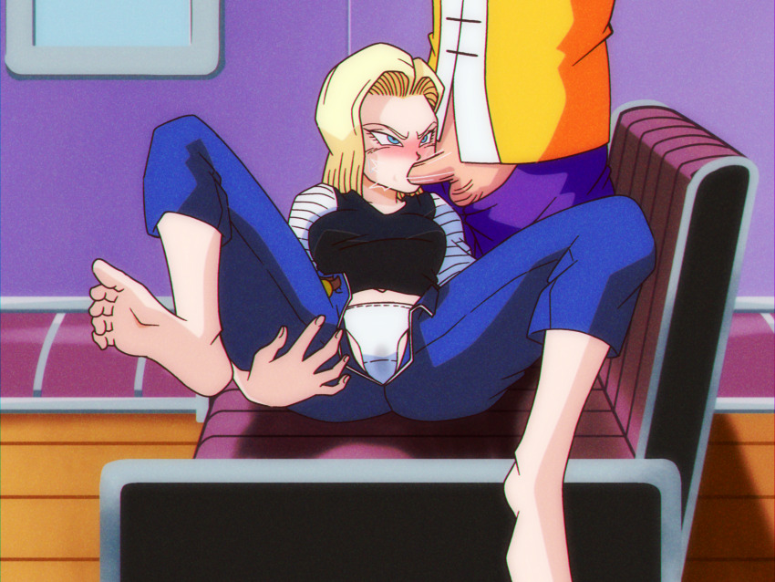 1girl absurdres android_18 angry barefoot blonde_hair blue_eyes blush bob_cut breasts couch dragon_ball dragonball_z embarrassed feet fellatio gmr highres indoors large_breasts legs lying medium_hair muten_roushi netorare oral panties pants penis raglan_sleeves thighs toes uncensored underwear unzipped v-shaped_eyebrows wet wet_clothes wet_panties